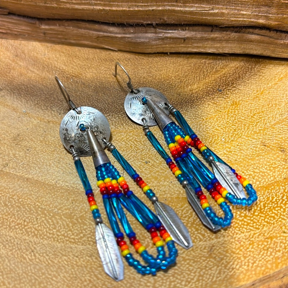 Southwest Style Vintage Sterling Silver Concho and Seed Bead Earrings